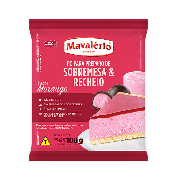 PÓ PARA PREPARO DE SOBREMESA SABOR MORANGO MAVALÉRIO - 100g