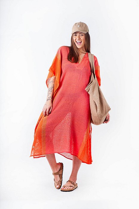 Kaftan Midi Tear Laranja e Pink