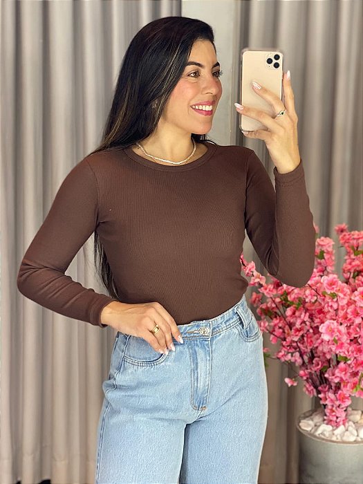 BLUSA CANELADA GOLA REDONDA MANGA LONGA