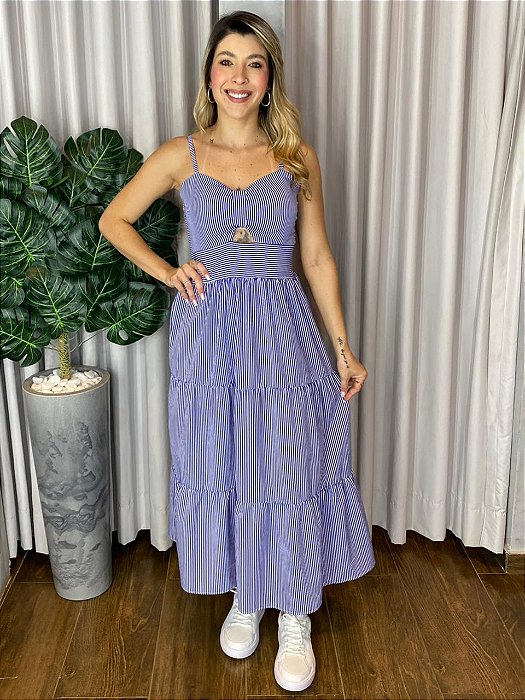 VESTIDO MIDI DECOTE LAÇO LISTRADO