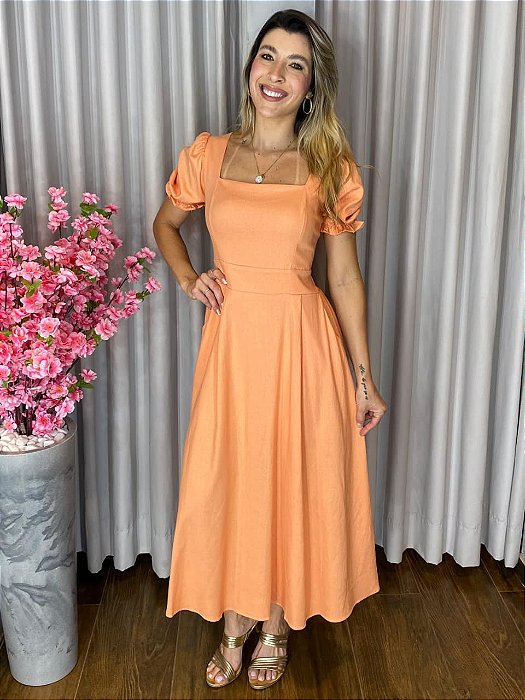 VESTIDO MIDI MANGA PRINCESA DECOTE QUADRADO