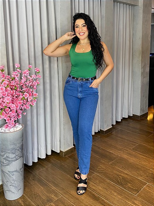 CALÇA JEANS MOM ESCURA CINTO