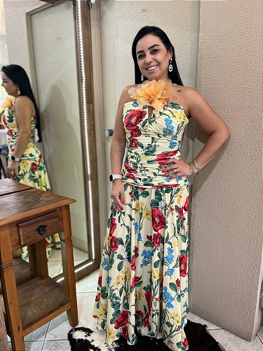 VESTIDO AMARELO ESTAMPADO LONGO DE ALÇAS LANÇA PERFUME