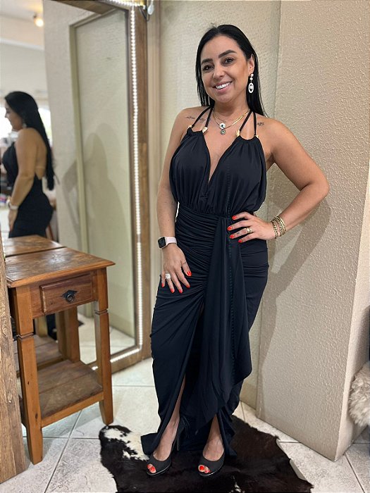 VESTIDO PRETO FRENTE ÚNICA LONGO LANÇA PERFUME
