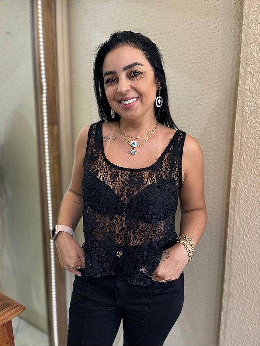BLUSA PRETA DE ALÇA EM RENDA LANÇA PERFUME