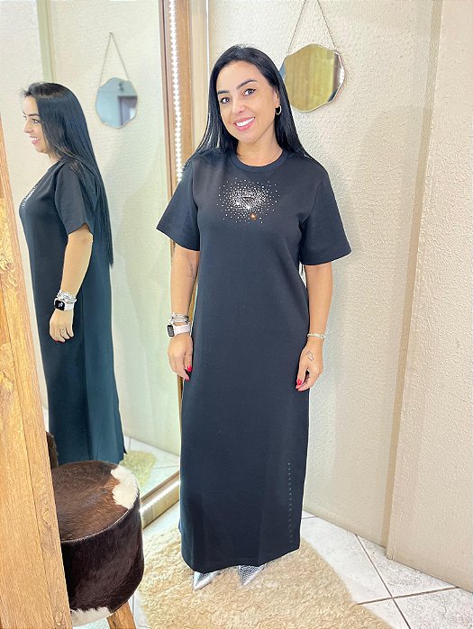 VESTIDO PRETO LONGO MANGA CURTA TECIDO DE MOLETOM LANÇA PERFUME