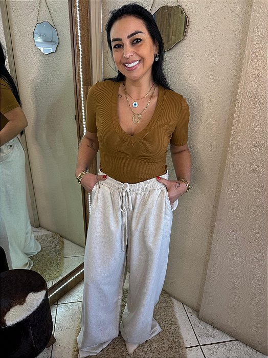 CALÇA WIDE  LEG CINTURA ALTA COM LINHO