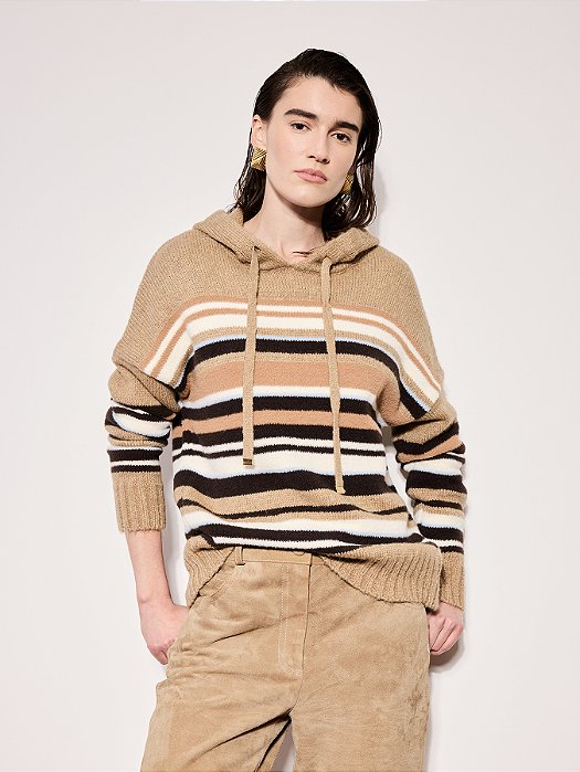 BLUSÃO EM TRICOT LISTRADO COM CAPUZ AMBICIONE