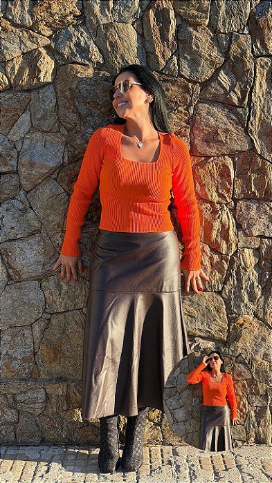 BLUSA MANGA LONGA COM DECOTE QUADRADO MARIA PAVAN