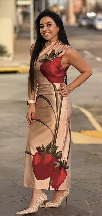 VESTIDO SEM MANGA MIDI DE MORANGO LANÇA PERFUME