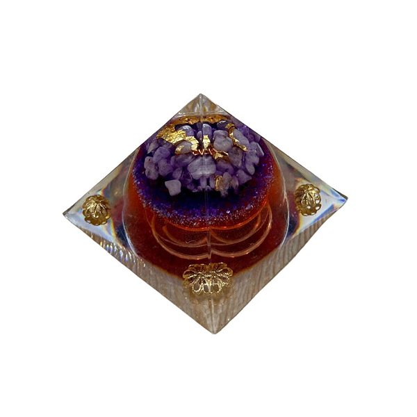 Pirâmide Orgonite De Saint Germain Ametista Folhas de Ouro
