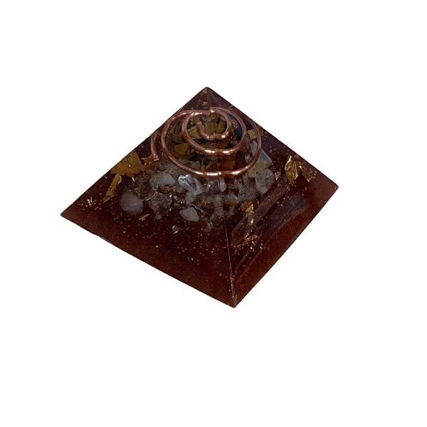 Orgonite Pirâmide Sucesso Olho de Tigre Citrino e Ouro 4cm