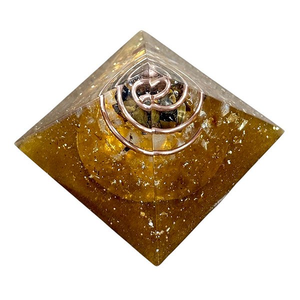 Orgonite Pirâmide Olho de Tigre, Citrino e Ouro Sucesso Abundância 4cm