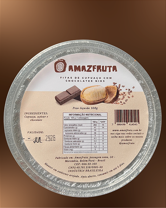 Fita de cupuaçu com chocolate e nibs de cacau - 100G