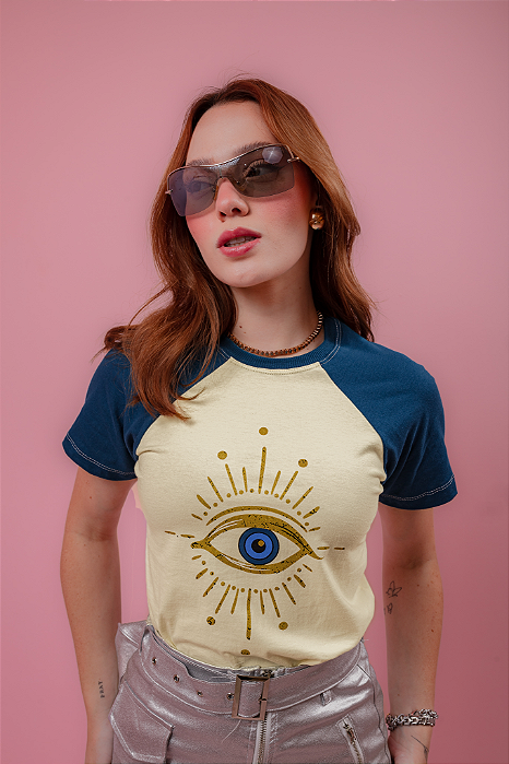 T-SHIRT RAGLAN - OLHO - OFF/AZUL