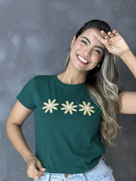 T-SHIRT BORDADA - 3 FLORES - VERDE
