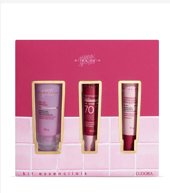 Kit Essenciiais Niina Skin: Gel de Limpeza 30ml + Hidratante Matificante 15g + Protetor Solar 15ml