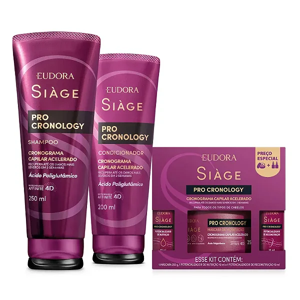 Kit Siàge Pro Cronology: Shampoo 250ml + Condicionador 200ml + Kit Cronograma Capilar Acelerado