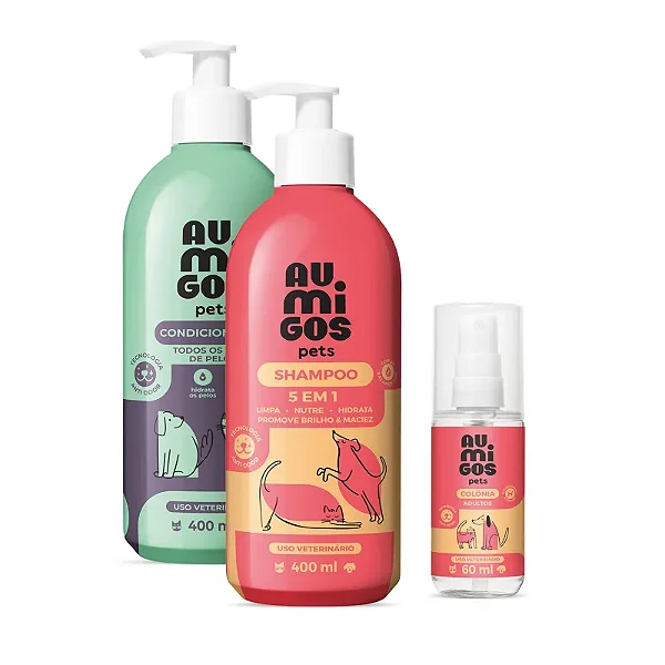 Kit Au.Migos Pets: Shampoo 5 em 1 400ml + Condicionador 400ml + Colônia 60ml