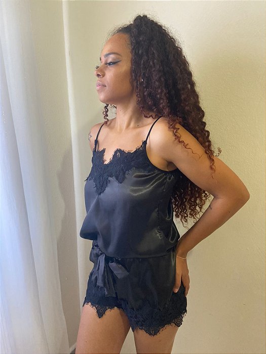 PIJAMA BABY DOLL SEDA E RENDA PRETO YASMIM
