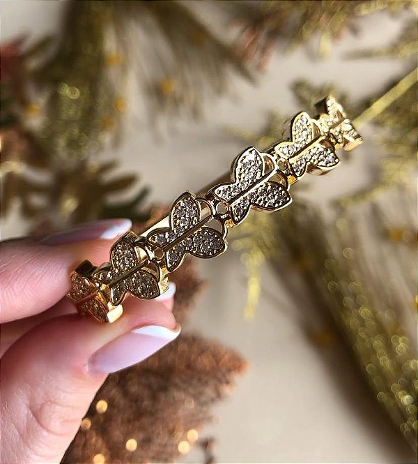 BRACELETE DOURADO BORBOLETAS CRAVEJADA
