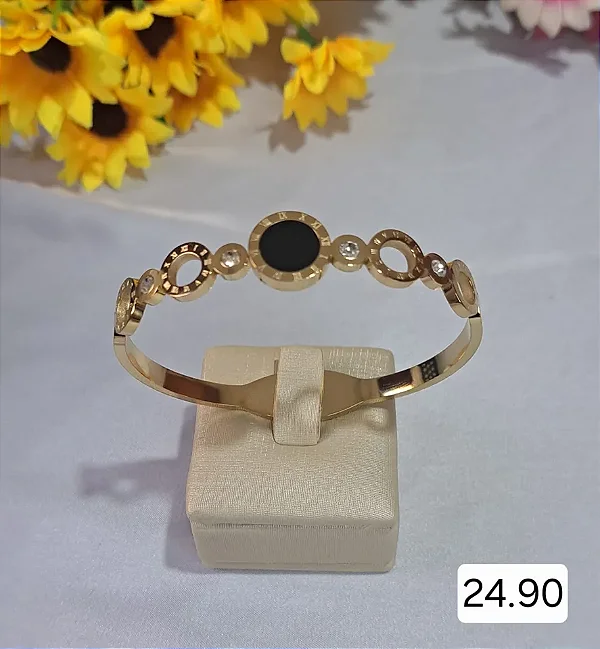 BRACELETE DOURADO AÇO INOX DETALHE CÍRCULO PRETO