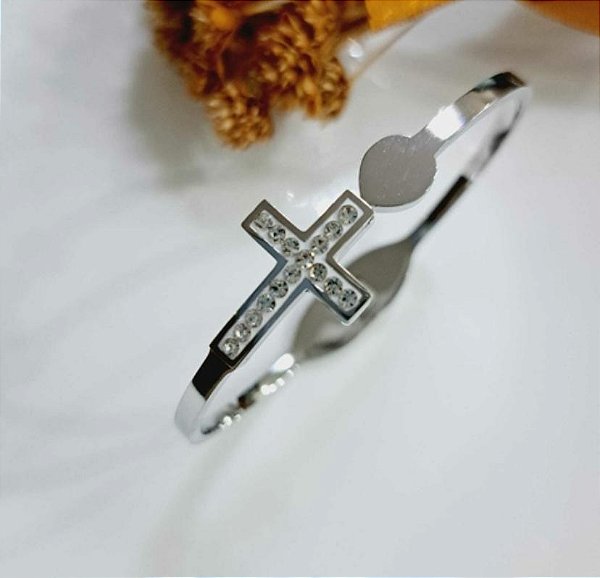 BRACELETE PRATEADO AÇO INOX CRUZ CRAVEJADA