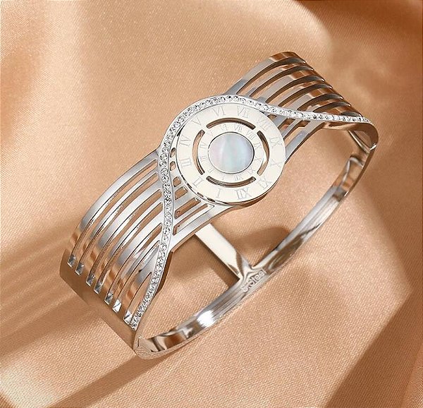 BRACELETE PRATEADO AÇO INOX ALGARISMOS ROMANOS