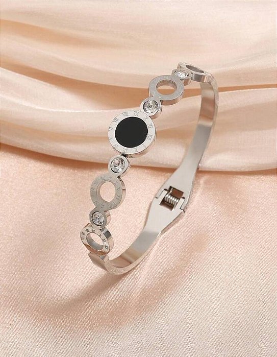 BRACELETE PRATEADO AÇO INOX COM DETALHE PRETO