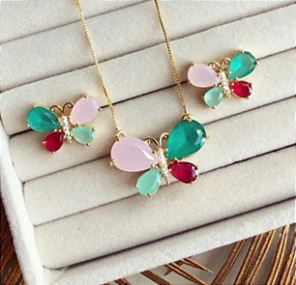 CONJUNTO PRATEADO COLAR E BRINCO BORBOLETA