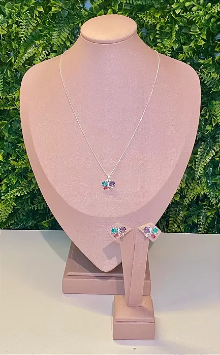 CONJUNTO PRATEADO COLAR E BRINCOS BORBOLETA COLORS MINI
