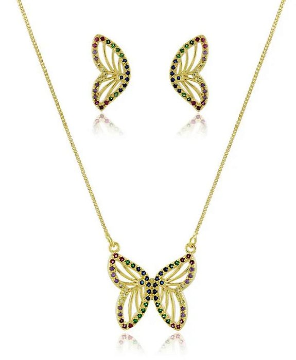 CONJUNTO DOURADO COLAR E BRINCOS BORBOLETA COM ZIRCÔNIAS COLORS