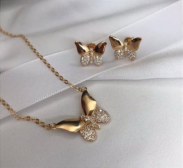 CONJUNTO DOURADO COLAR E BRINCOS BORBOLETA CRAVEJADA ZIRCÔNIAS CRISTAIS