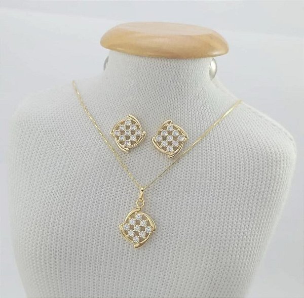 CONJUNTO DOURADO COLAR E BRINCO QUADRADO CRAVEJADO