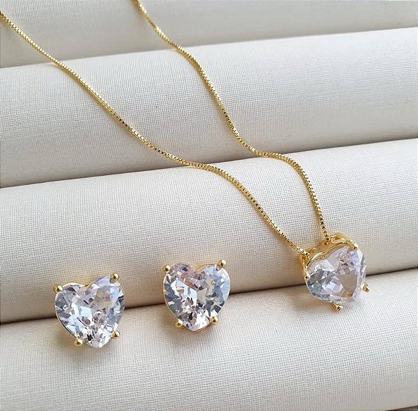 CONJUNTO DOURADO CORAÇÃO CRISTAL