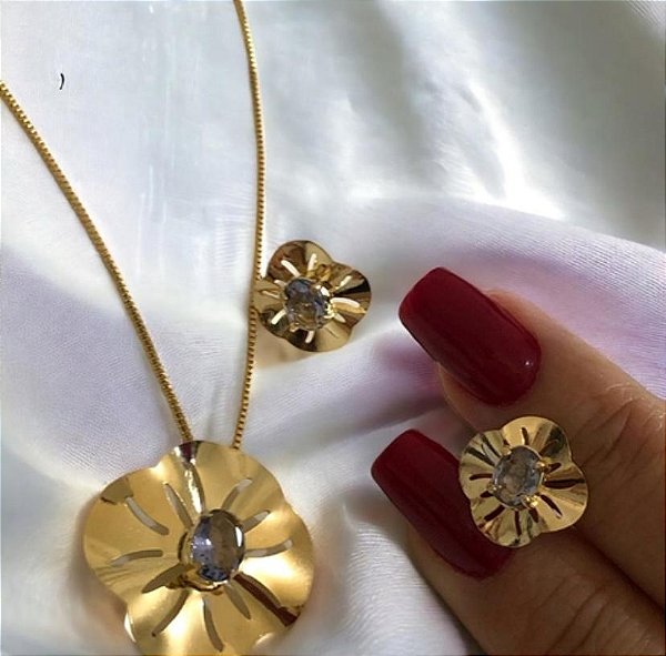 CONJUNTO DOURADO COLAR E BRINCOS FLOR COM ZIRCÔNIA AZUL