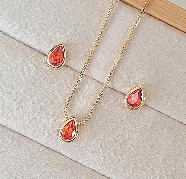 CONJUNTO DOURADO COLAR E BRINCOS GOTA PEQUENA ZIRCÔNIA COR LARANJA