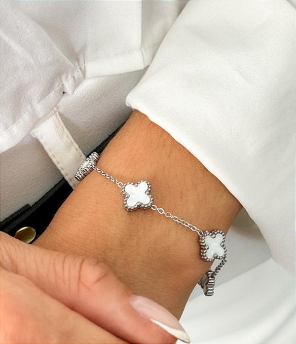 PULSEIRA PRATEADA AÇO INOX INSPIRAÇÃO VAN CLEEF 4 TREVOS