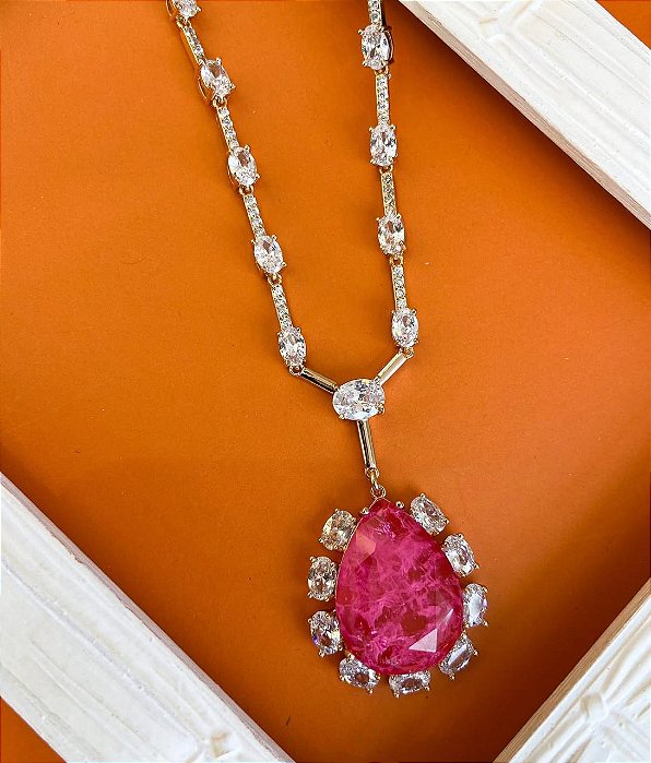 COLAR DOURADO GOTA ZIRCÔNIA ROSA