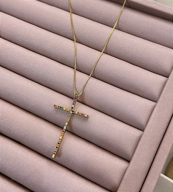 COLAR DOURADO VENEZIANA CRUCIFIXO CRAVEJADO COLORIDO