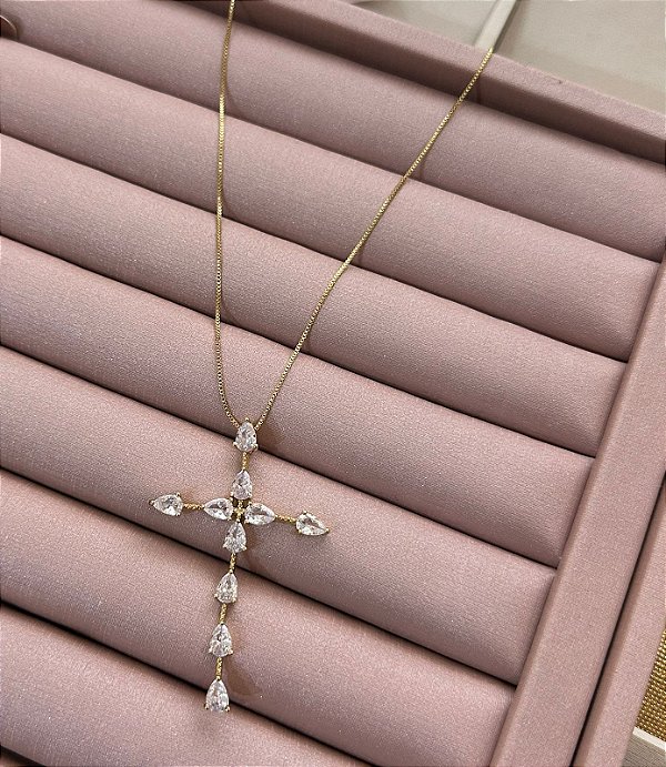 COLAR DOURADO VENEZIANA CRUCIFIXO PEDRA CRISTAL