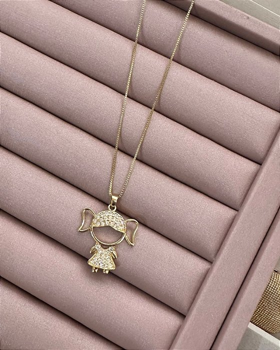 COLAR DOURADO VENEZIANA COM PINGENTE MENINA CRAVEJADO