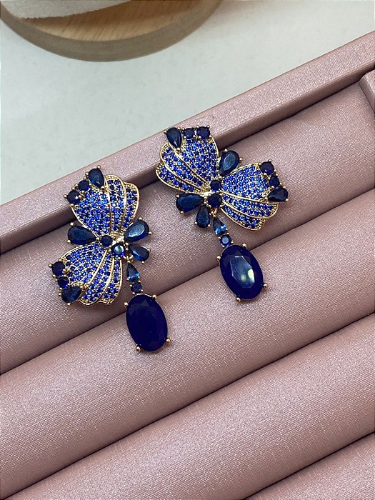BRINCO DOURADO CRAVEJADO ZIRCONIA AZUL