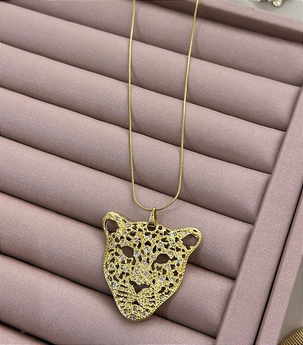 COLAR DOURADO RABO DE RATO PINGENTE PANTERA