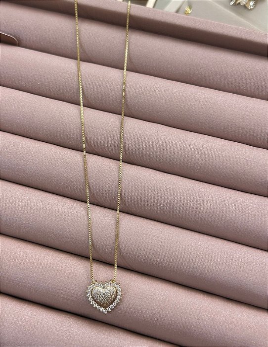 COLAR DOURADO VENEZIANA CORAÇÃO CRAVEJADO