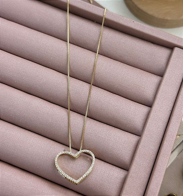 COLAR DOURADO VENEZIANA CORAÇÃO VAZADO CRAVEJADO