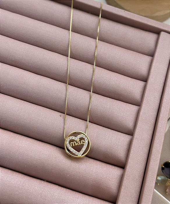 COLAR DOURADO VENEZIANA MÃE CORAÇÃO CRAVEJADO