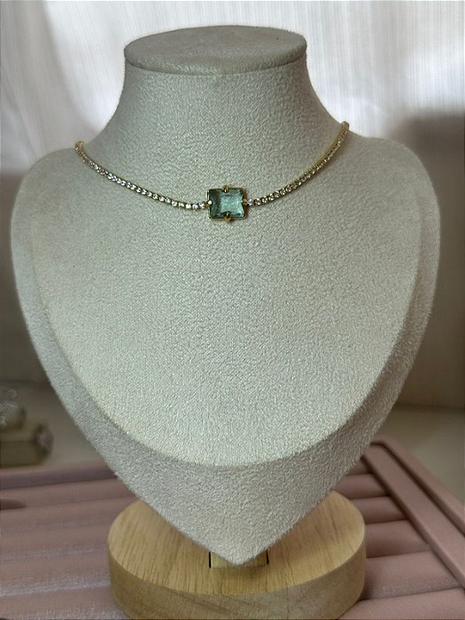 COLAR CHOKER DOURADO RIVIERA COM PEDRA AZUL TIFANY