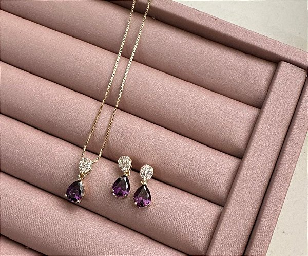 CONJUNTO GOTA LILÁS BANHO OURO
