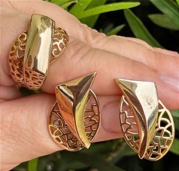 CONJUNTO DOURADO CRAVEJADO ANEL E BRACELETE ENTRELAÇADO